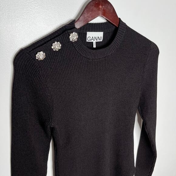Ganni Long Sleeve Ribbed Sweater Womens Medium Black Crystal Button Shoulder - Picture 4 of 10
